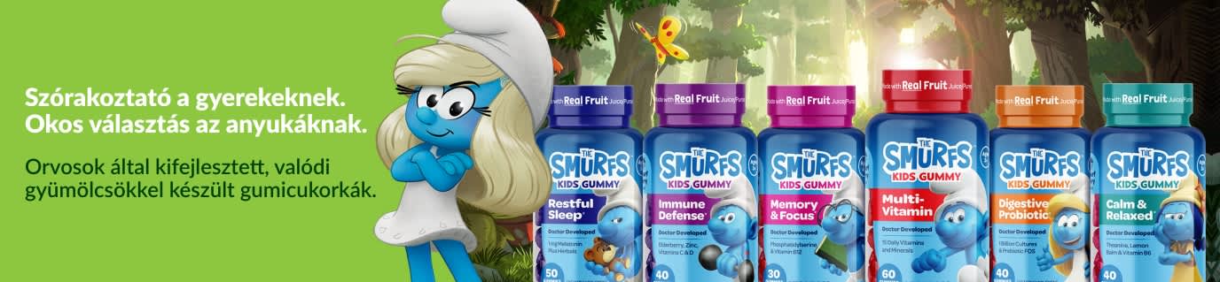 The Smurfs gumivitamonok gyerekeknek – Orvosok által kifejlesztve, valódi gyümölcsökkel.