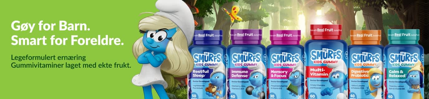 Smurfene Gummivitaminer for barn – formulert av leger med ekte frukt.