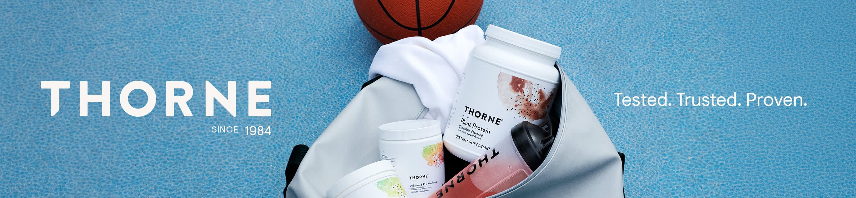 Thorne supplements and a basketball in a gym bag on a blue court with text 