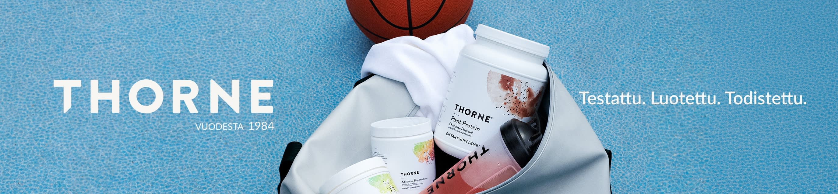 Thorne-ravintolisiä ja koripallo sinisellä matolla sekä teksti 