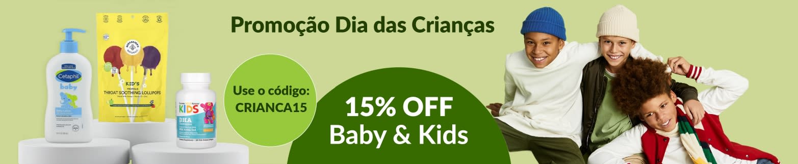 Promoção de Dia das Crianças. 15% OFF em bebês e crianças. Use o código: CRIANCA15