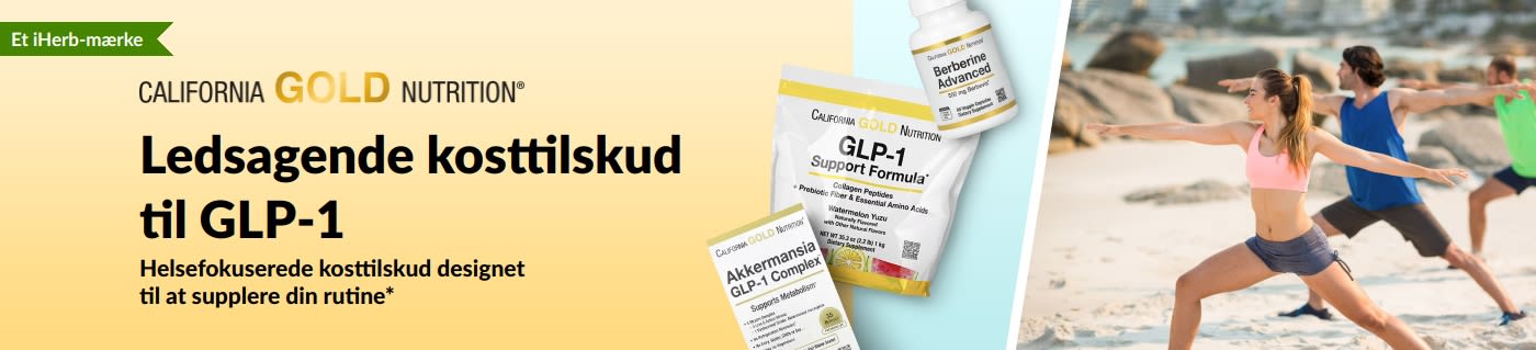 California Gold Nutrition-banner, der promoverer kosttilskud med GLP-1, inklusive GLP-1 Support Formula, Akkermansia GLP-1 Complex og Berberine Advanced.