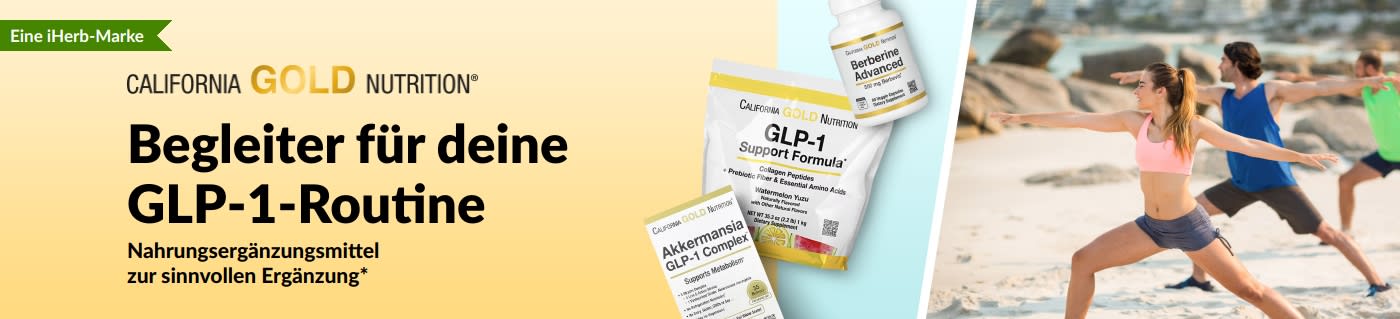 Ein Banner von California Gold Nutrition, das für GLP-1-Ergänzungsmittel wirbt, darunter die „GLP-1 Support Formula“, den „Akkermansia GLP-1 Complex“ und „Berberine Advanced“.