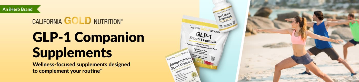 California Gold Nutrition banner promoting GLP-1 companion supplements, featuring GLP-1 Support Formula, Akkermansia GLP-1 Complex, and Berberine Advanced.