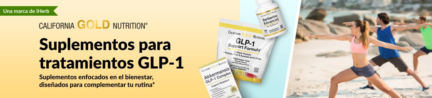 Banner de California Gold Nutrition que promociona suplementos para tratamientos GLP-1 y muestra varios productos.