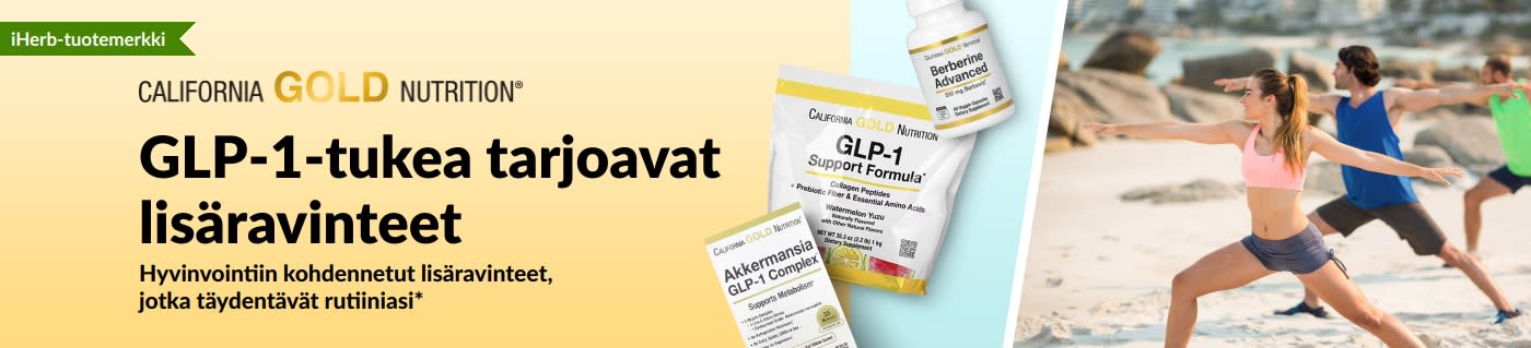 California Gold Nutrition -banneri, joka mainostaa GLP-1-tukea tarjoavia lisäravinteita. Kuvassa GLP-1 Support Formula, Akkermansia GLP-1 Complex ja Berberine Advanced.