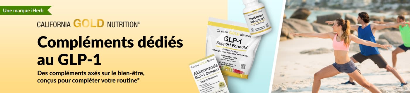 Bannière California Gold Nutrition avec GLP-1 Support Formula, Akkermansia GLP-1 Complex et Berberine Advanced.