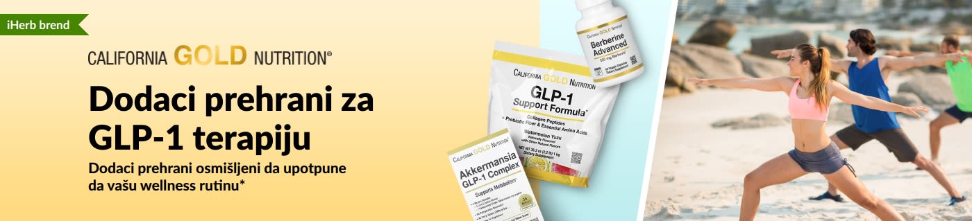 Reklamni natpis brenda California Gold Nutrition koji promovira dodatke prehrani kao podršku GLP-1 proizvodima, uključujući GLP-1 formula za podršku, Akkermansia GLP-1 kompleks i Berberine Advanced.