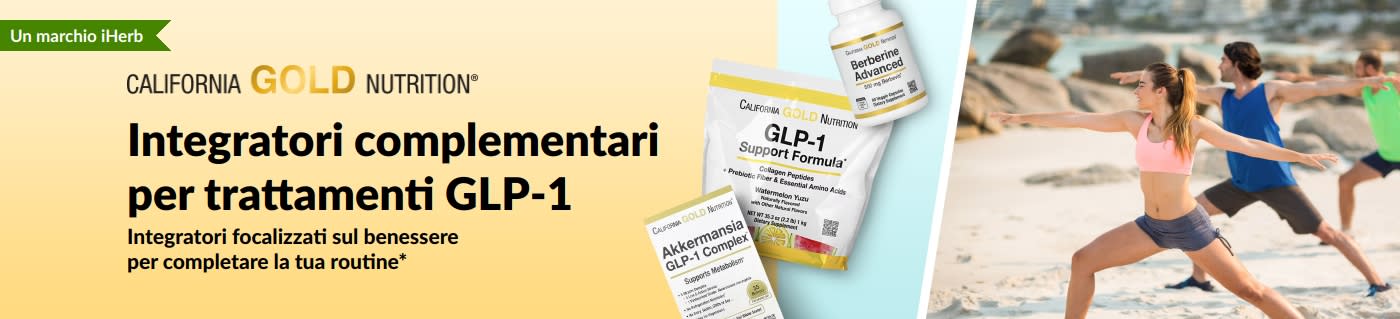 Banner di California Gold Nutrition che promuove integratori complementari per GLP-1, con formula di supporto ai trattamenti GLP-1, Akkermansia GLP-1 Complex e Berberina Avanzata.