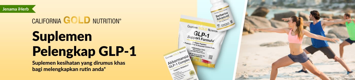 Sepanduk California Gold Nutrition mempromosikan suplemen pelengkap GLP-1, dengan GLP-1 Support Formula, Akkermansia GLP-1 Complex, dan Berberine Advanced.