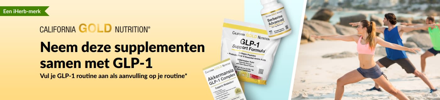Banner van California Gold Nutrition ter promotie van GLP-1-ondersteunende supplementen, met onder andere GLP-1 Support Formula, Akkermansia GLP-1 Complex en Berberine Advanced.