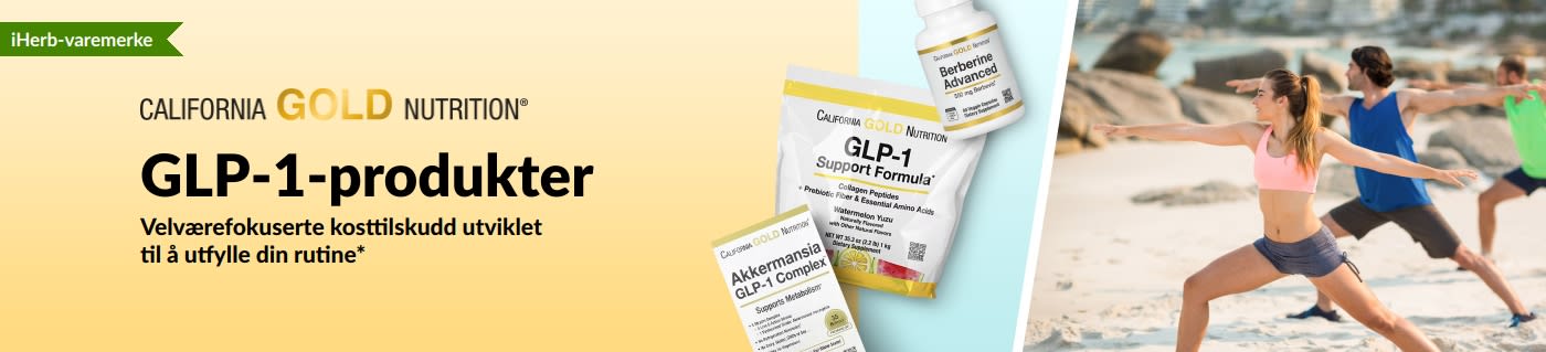 California Gold Nutrition-banner som promoterer GLP-1-produkter, med GLP-1 Support Formula, Akkermansia GLP-1 Complex og Berberine Advanced.