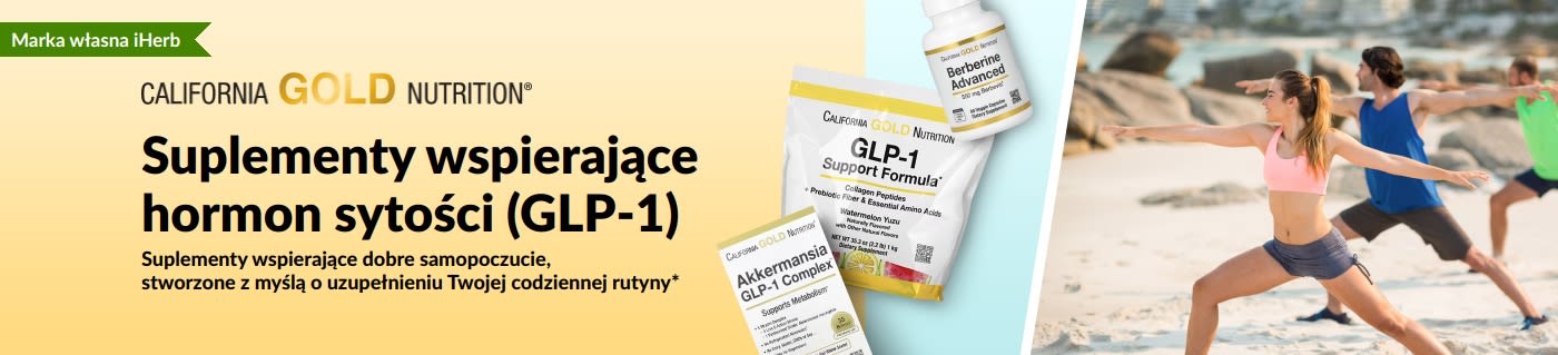 Baner California Gold Nutrition promujący suplementy wspomagające terapię GLP-1, przedstawiający produkty: GLP-1 Support Formula, Akkermansia GLP-1 Complex oraz Berberine Advanced.
