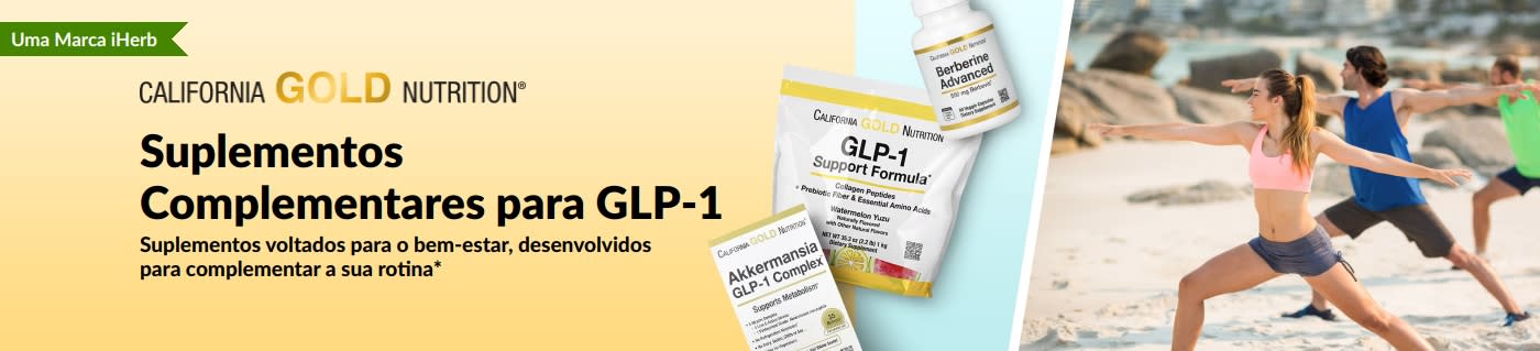 Banner da California Gold Nutrition promovendo suplementos complementares para GLP-1, destacando a Fórmula de Suporte GLP-1 (GLP-1 Support Formula), o Complexo Akkermansia GLP-1 (Akkermansia GLP-1 Complex) e a Berberina Avançada (Berberine Advanced).