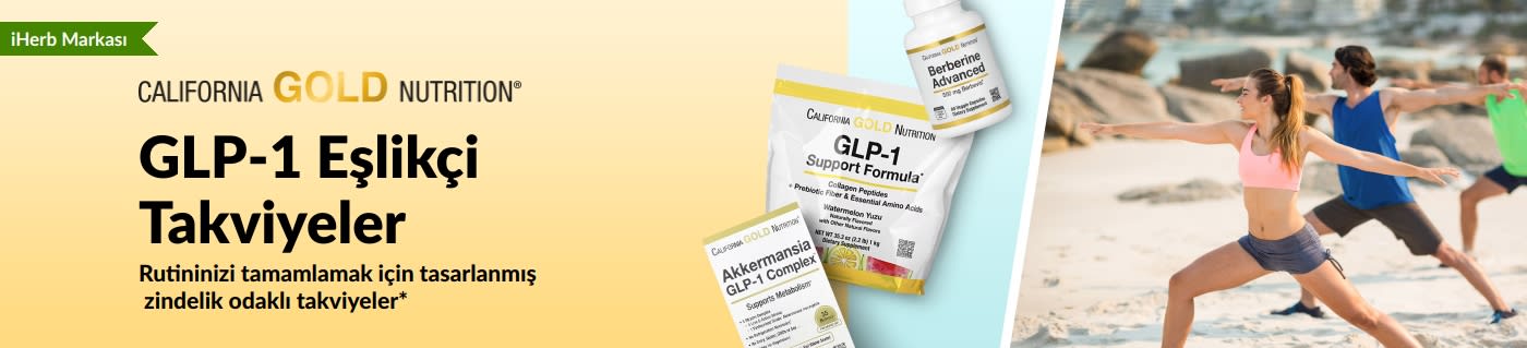 California Gold Nutrition'ın GLP-1 Support Formula, Akkermansia GLP-1 Complex ve Berberine Advanced ürünlerini öne çıkaran GLP-1 destek takviyeleri banner'ı.
