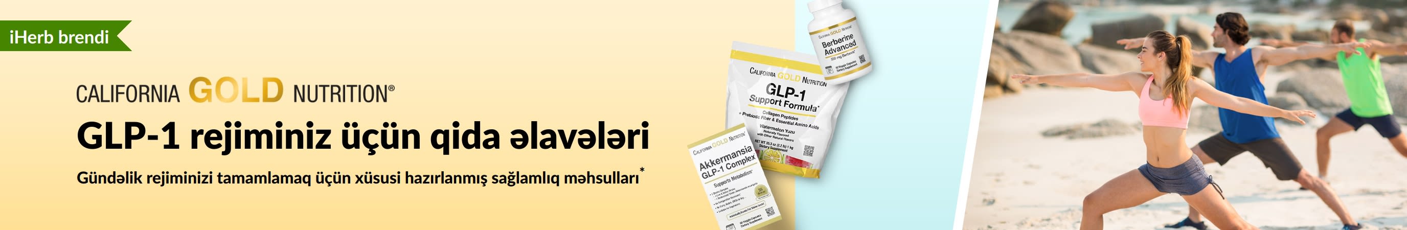 GLP-1 tamamlayıcı qida əlavələrini nümayiş etdirən California Gold Nutrition banneri, təsvirdə GLP-1 dəstək formulası, Akkermansia GLP-1 kompleksi və Berberine Advanced məhsulları yer alır.