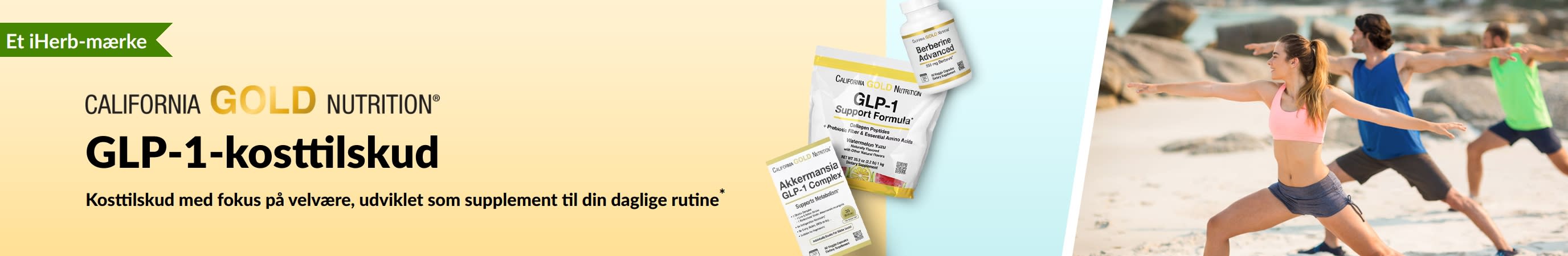 Et banner fra California Gold Nutrition, der reklamerer for GLP-1-tilskud, herunder GLP-1 Support Formula, Akkermansia GLP-1 Complex og Berberine Advanced.