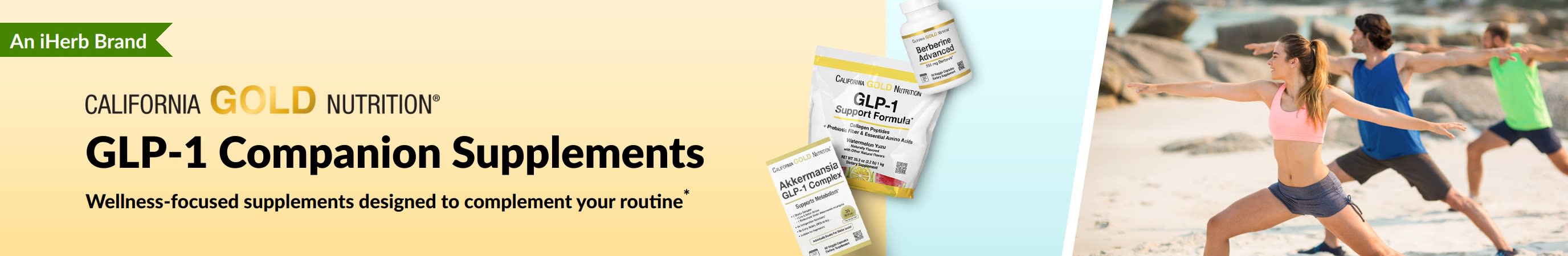 California Gold Nutrition banner promoting GLP-1 companion supplements, featuring GLP-1 Support Formula, Akkermansia GLP-1 Complex, and Berberine Advanced.