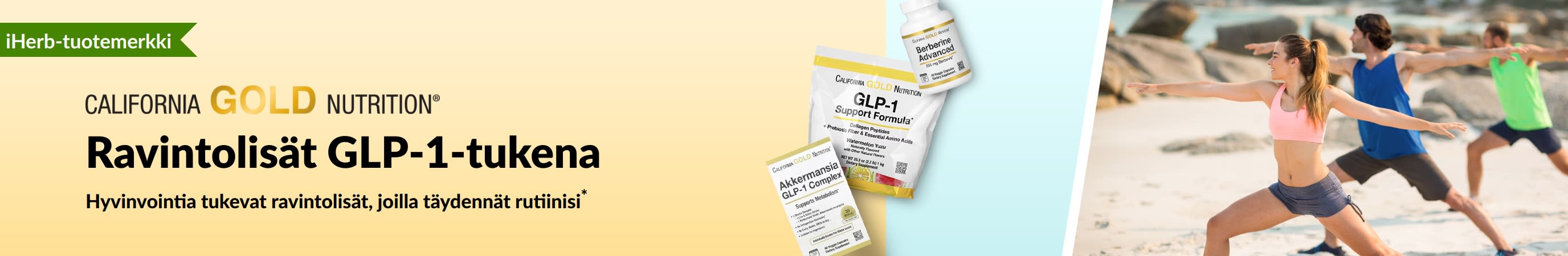 California Gold Nutrition -banneri GLP-1-hoidon tukena käytettävistä ravintolisistä. Kuvassa GLP-1-tukivalmiste, Akkermansia-GLP-1-yhdiste ja edistynyt berberiini.