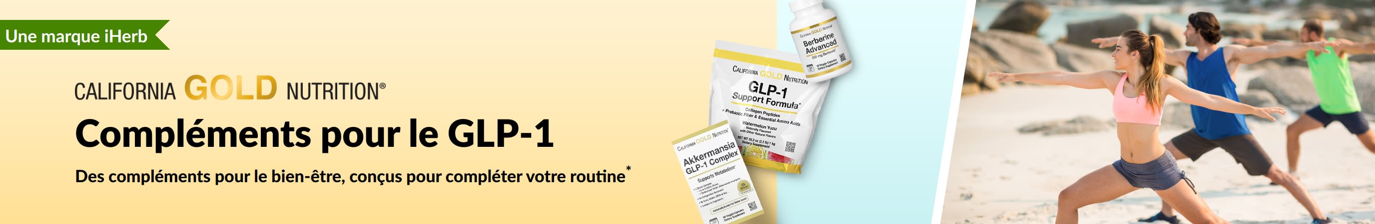 Bannière CGN avec des compléments GLP-1 : GLP-1 Support Formula, Akkermansia GLP-1 Complex et Berberine Advanced.