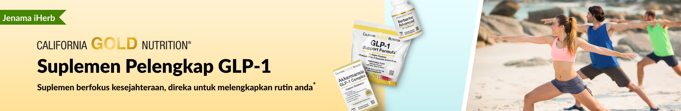 Promosi suplemen pelengkap GLP-1 California Gold Nutrition, menampilkan GLP-1 Support Formula, Akkermansia GLP-1 Complex, dan Berberine Advanced.