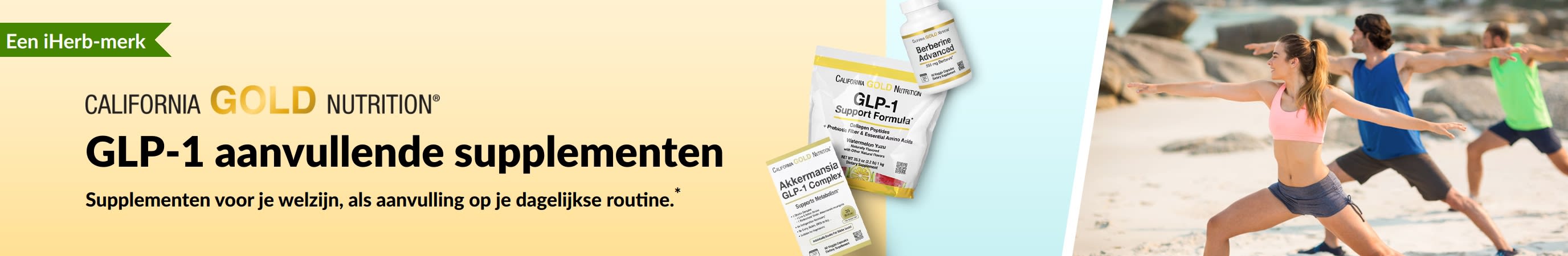 Banner van California Gold Nutrition ter promotie van GLP-1-ondersteunende supplementen, met onder andere GLP-1 Support Formula, Akkermansia GLP-1 Complex en Berberine Advanced.