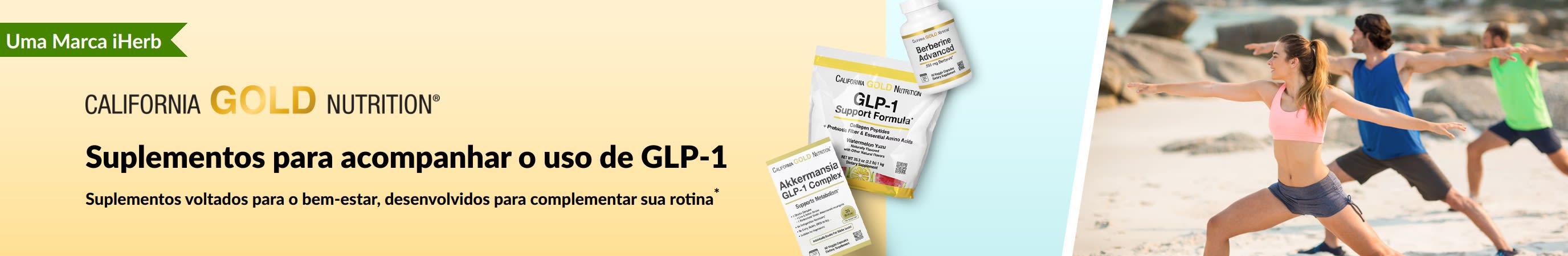 Banner da California Gold Nutrition promovendo suplementos para acompanhar o uso de GLP-1, com destaque para GLP-1 Support Formula, Akkermansia GLP-1 Complex e Berberine Advanced.
