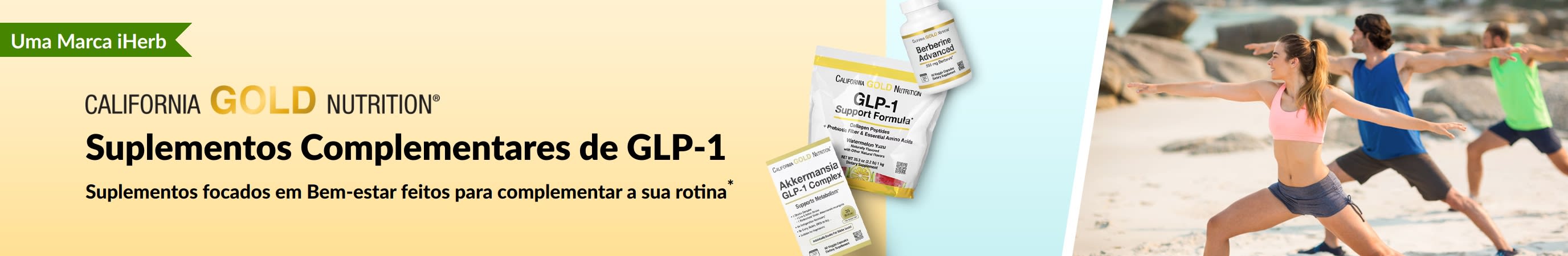 Banner de California Gold Nutrition a promover suplementos complementares de GLP-1, incluindo a fórmula de suporte de GLP-1, o complexo de GLP-1 com Akkermansia e a berberina avançada.