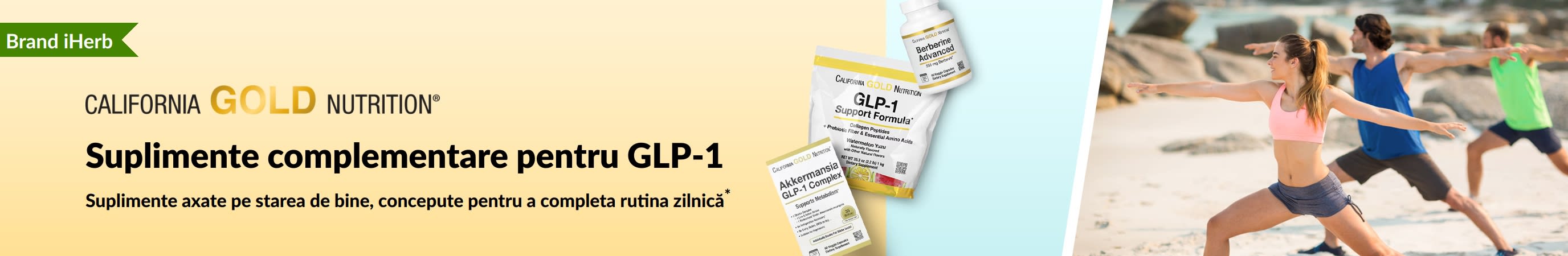 Banner California Gold Nutrition cu suplimente complementare pentru GLP-1, ca GLP-1 Support Formula, Akkermansia GLP-1 Complex și Berberine Advanced.