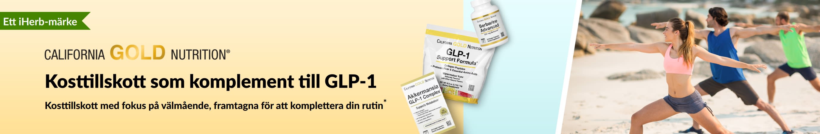 California Gold Nutrition-banner för kosttillskott som komplement till GLP-1, med GLP-1 Support Formula, Akkermansia GLP-1 Complex och Berberine Advanced.