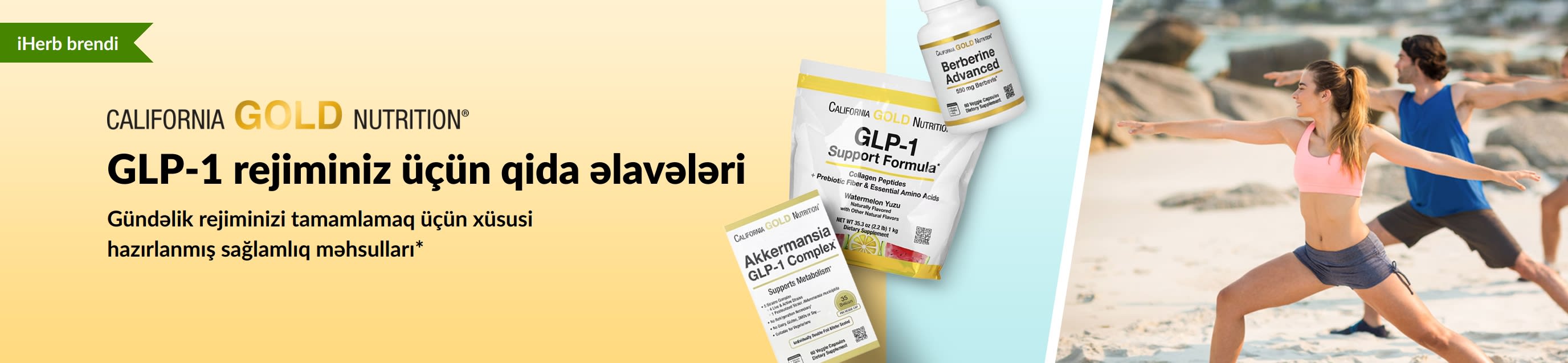 GLP-1 tamamlayıcı qida əlavələrini nümayiş etdirən California Gold Nutrition banneri, təsvirdə GLP-1 dəstək formulası, Akkermansia GLP-1 kompleksi və Berberine Advanced məhsulları yer alır.