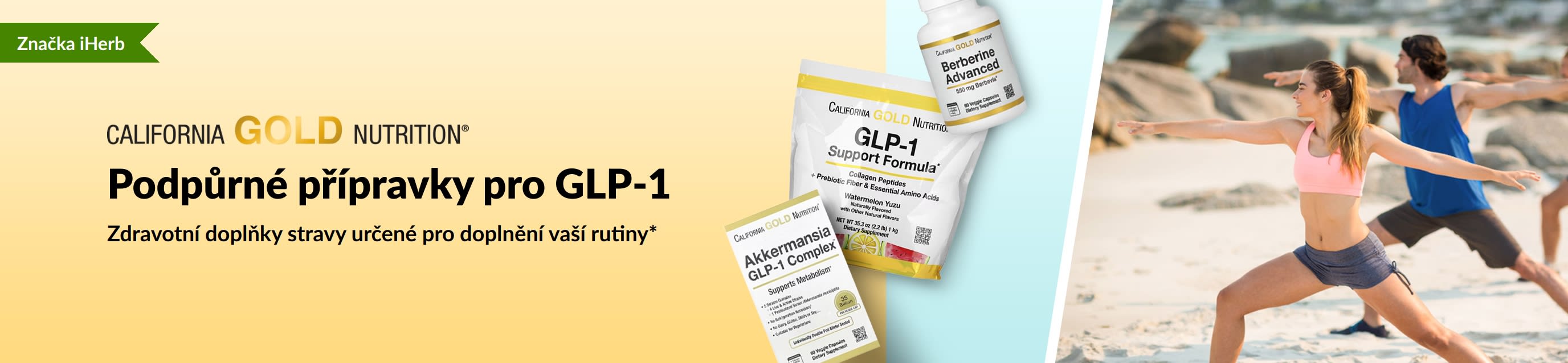 Banner California Gold Nutrition s přípravky pro GLP-1, GLP-1 Support Formula, Akkermansia GLP-1 Complex  a Berberine Advanced.