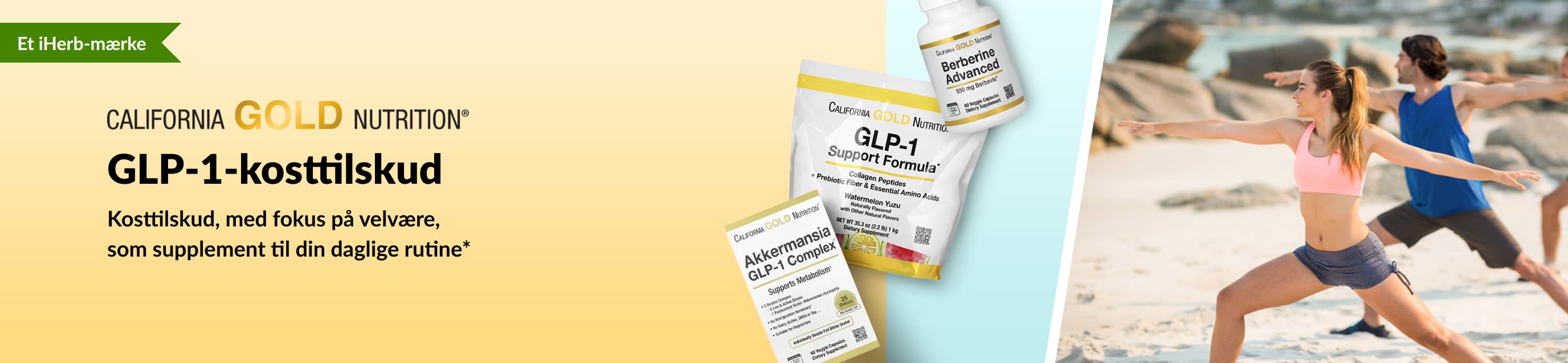Et banner fra California Gold Nutrition, der reklamerer for GLP-1-tilskud, herunder GLP-1 Support Formula, Akkermansia GLP-1 Complex og Berberine Advanced.