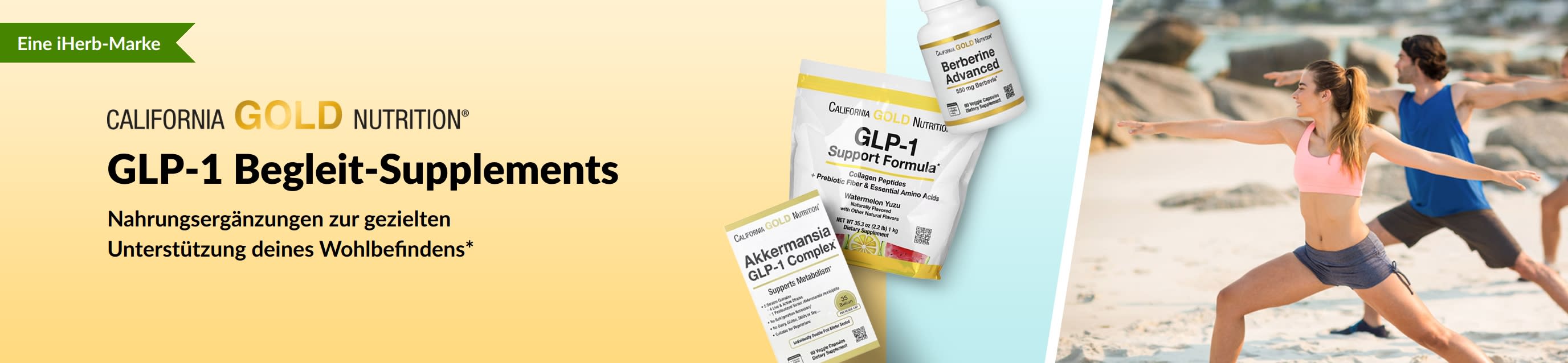 Ein Banner von California Gold Nutrition, das für GLP-1-Ergänzungsmittel wirbt, darunter „GLP-1 Support Formula“, „Akkermansia GLP-1 Complex“ und „Berberine Advanced“.