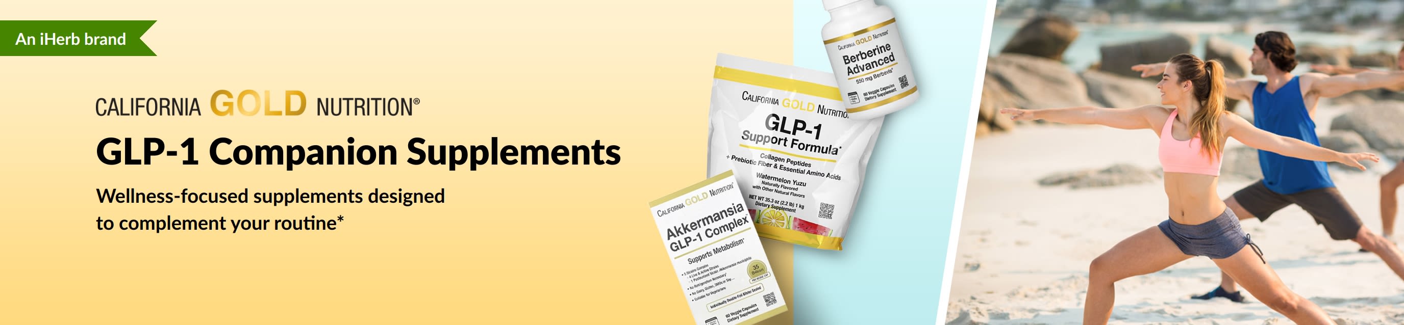 California Gold Nutrition banner promoting GLP-1 companion supplements, featuring GLP-1 Support Formula, Akkermansia GLP-1 Complex and Berberine Advanced.