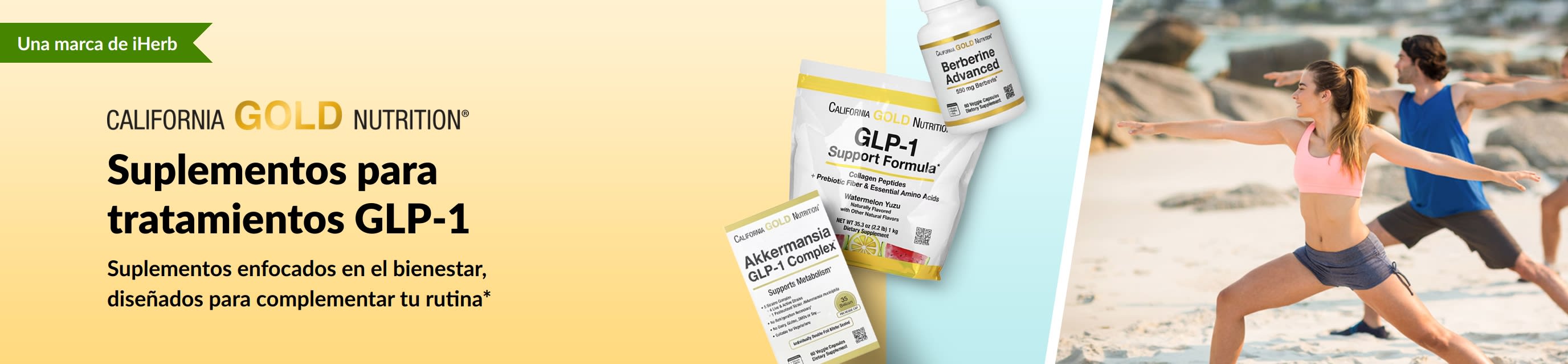 Banner de California Gold Nutrition que promociona suplementos para tratamientos GLP-1 y muestra varios productos.