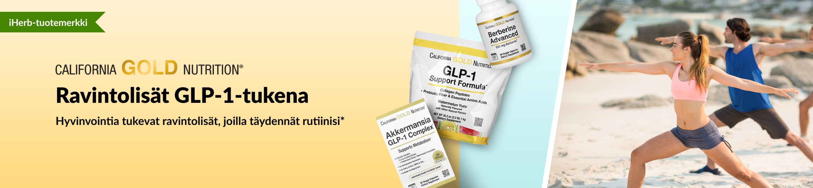 California Gold Nutrition -banneri GLP-1-hoidon tukena käytettävistä ravintolisistä. Kuvassa GLP-1-tukivalmiste, Akkermansia-GLP-1-yhdiste ja edistynyt berberiini.