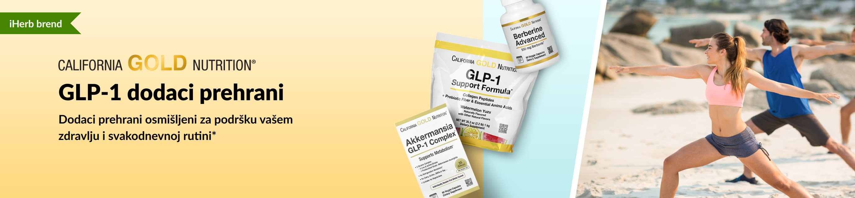 Reklamni natpis brenda California Gold Nutrition koji promovira dodatke prehrani za podršku uz GLP-1, uključujući formulu za podršku GLP-1, GLP-1 kompleks s Akkermansijom i naprednu formulu berberina.
