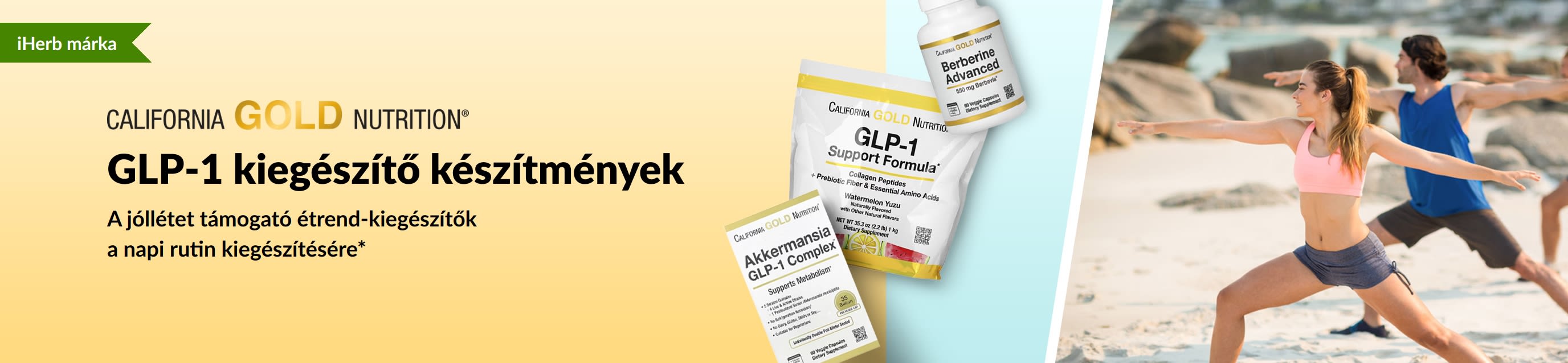 California Gold Nutrition banner, amely GLP-1 kiegészítő készítményeket népszerűsít, és GLP-1 Support Formula, Akkermansia GLP-1 Complex, valamint Berberine Advanced.készítményeket ábrázol.