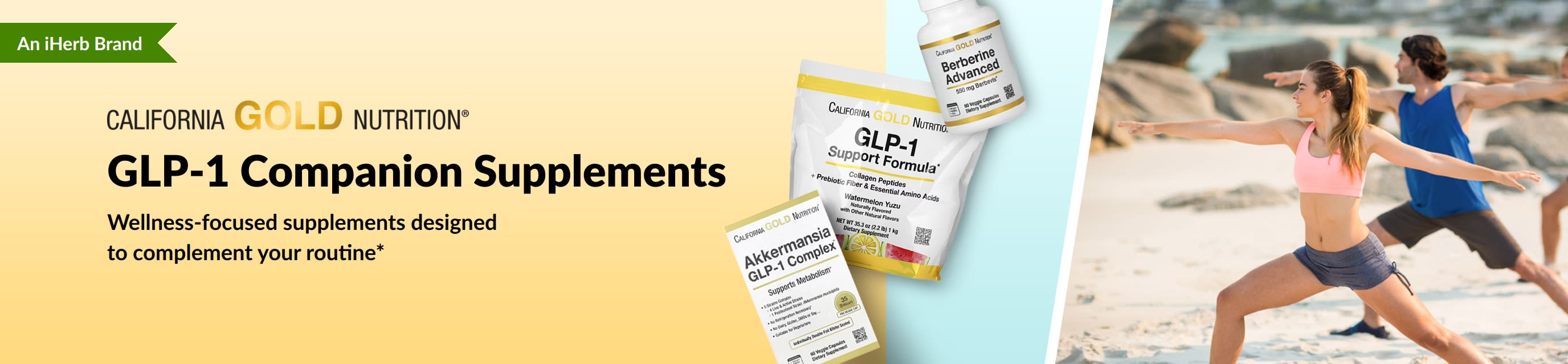 California Gold Nutrition banner promoting GLP-1 companion supplements, featuring GLP-1 Support Formula, Akkermansia GLP-1 Complex, and Berberine Advanced.
