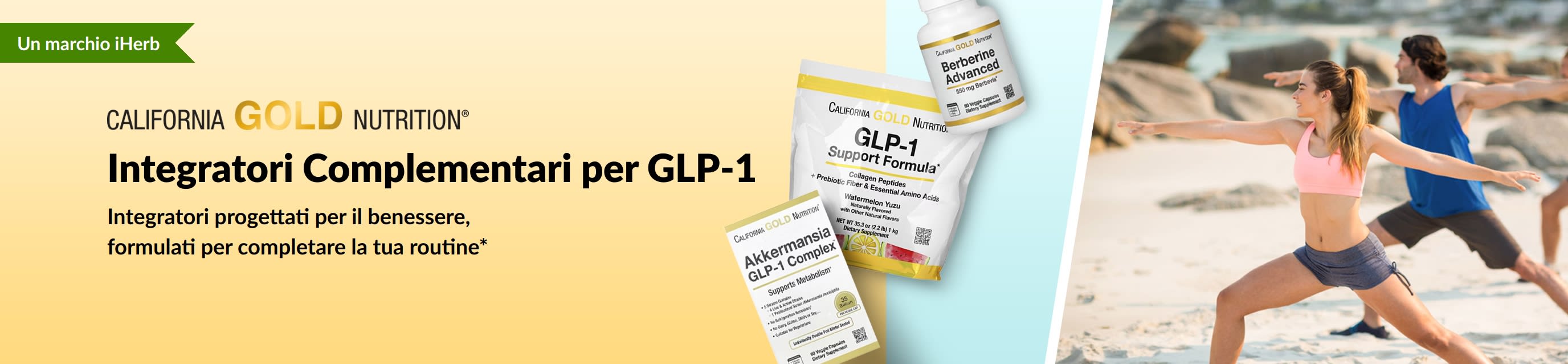 Banner California Gold Nutrition che promuove integratori complementari per GLP-1, e in cui compaiono GLP-1 Support Formula, Akkermansia GLP-1 Complex e Berberine Advanced.