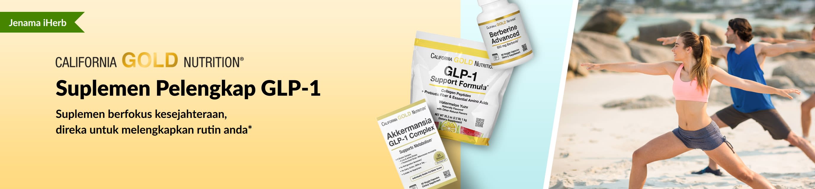 Promosi suplemen pelengkap GLP-1 California Gold Nutrition, menampilkan GLP-1 Support Formula, Akkermansia GLP-1 Complex, dan Berberine Advanced.