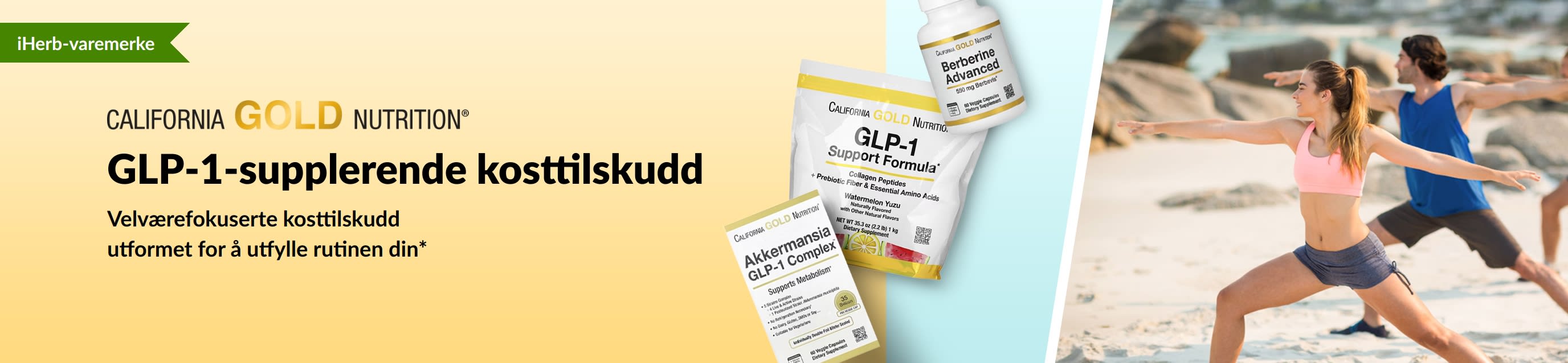 California Gold Nutrition-banner som fremhever GLP-1-støttende kosttilskudd, med GLP-1 Support Formula, Akkermansia GLP-1 Complex og Berberine Advanced.