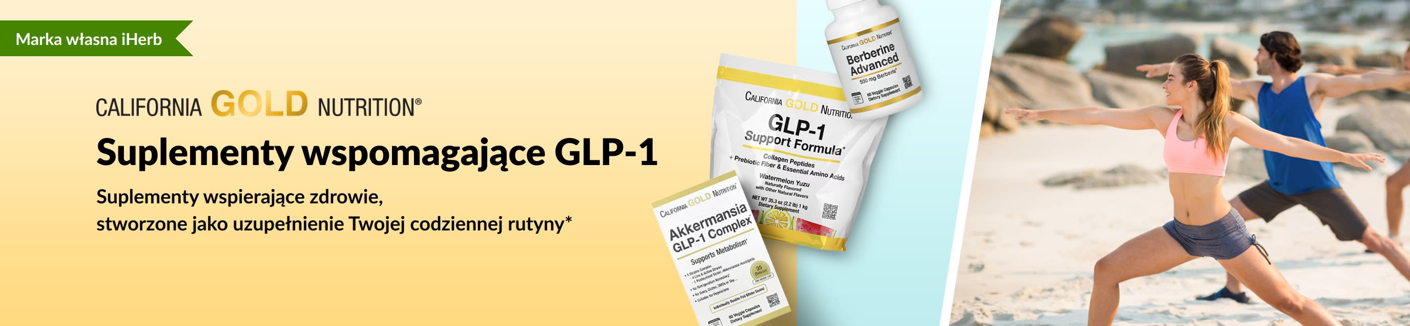 Banner California Gold Nutrition promujący suplementy wspomagające kurację GLP-1, przedstawiający preparaty GLP-1 Support Formula, Akkermansia GLP-1 Complex oraz Berberine Advanced.