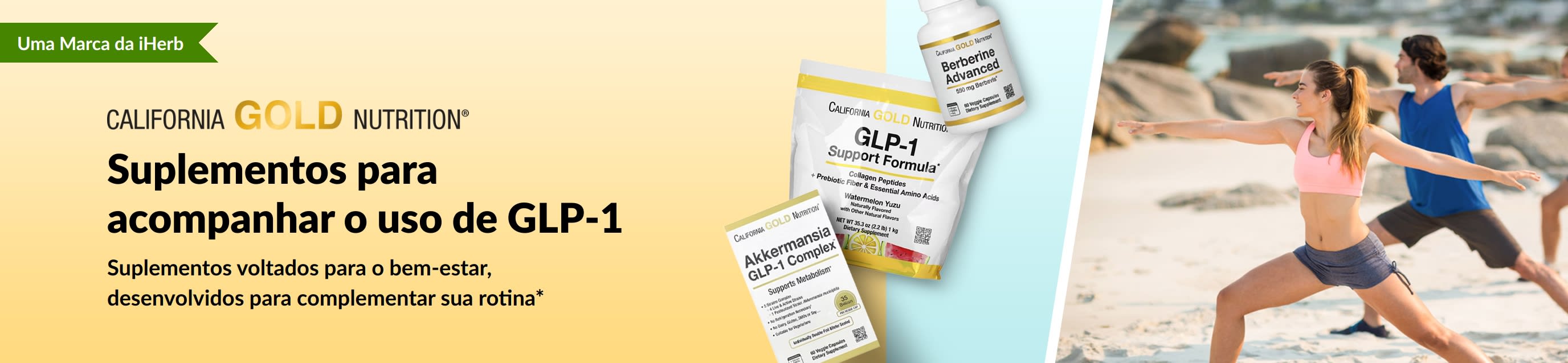 Banner da California Gold Nutrition promovendo suplementos para complementar o uso de GLP-1, com destaque para GLP-1 Support Formula, Akkermansia GLP-1 Complex e Berberine Advanced.