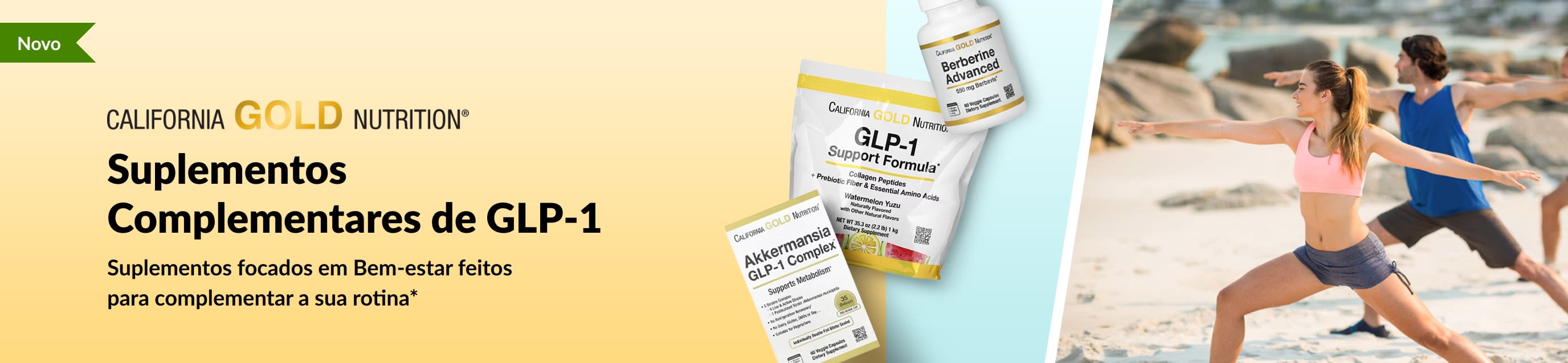 Banner de California Gold Nutrition a promover suplementos complementares de GLP-1, incluindo a fórmula de suporte de GLP-1, o complexo de GLP-1 com Akkermansia e a berberina avançada.   