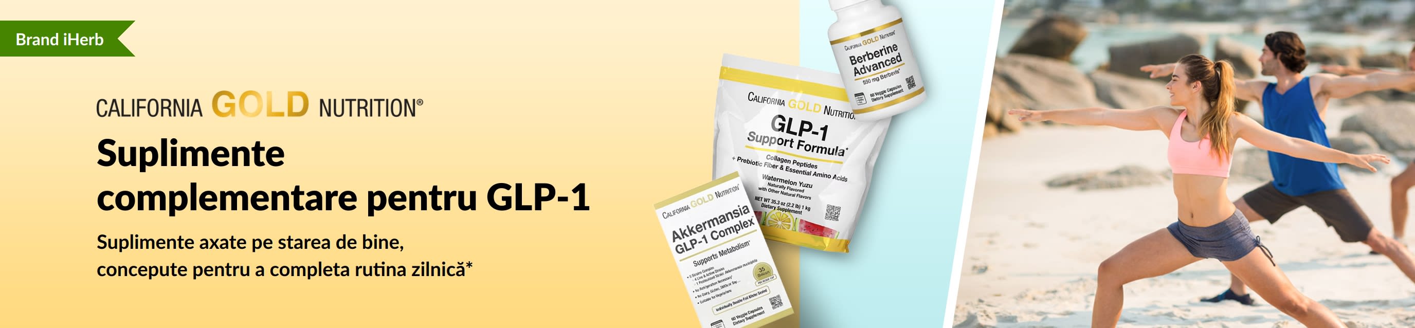 Banner California Gold Nutrition cu suplimente complementare pentru GLP-1, ca GLP-1 Support Formula, Akkermansia GLP-1 Complex și Berberine Advanced.