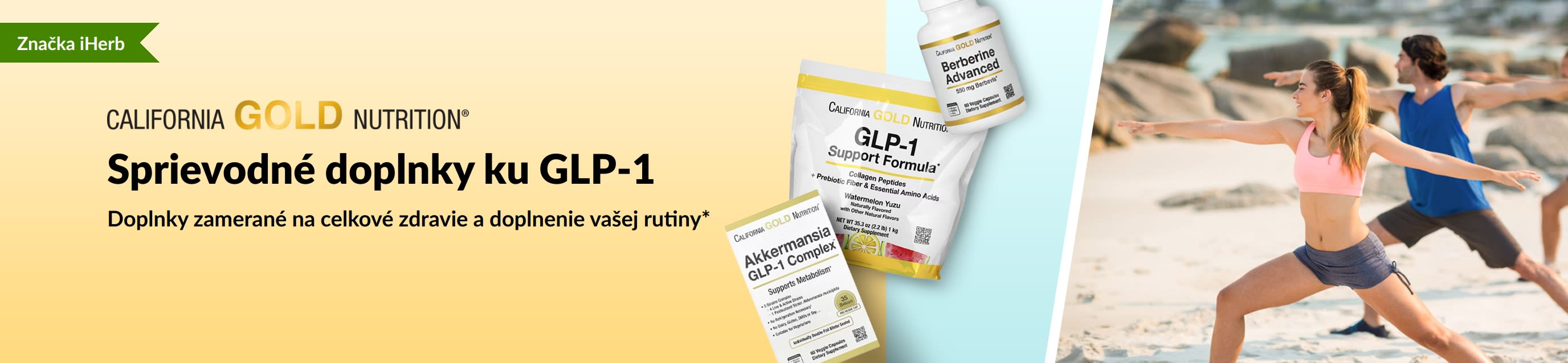 Baner California Gold Nutrition propagujúci sprievodné doplnky k GLP-1, ako sú podporný prípravok pre GLP-1, komplex Akkermansia GLP-1 a pokročilý berberín.