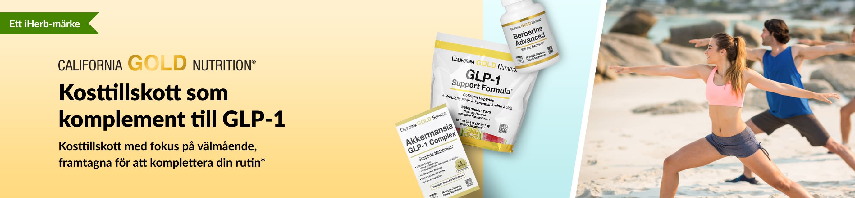 California Gold Nutrition-banner för kosttillskott som komplement till GLP-1, med GLP-1 Support Formula, Akkermansia GLP-1 Complex och Berberine Advanced.