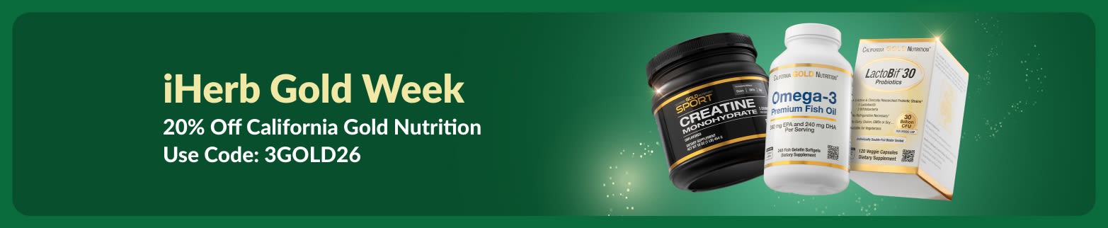 iHerb Gold Week banner: 20% off California Gold Nutrition with code 3GOLD26, featuring creatine, omega-3, and probiotic bottles.